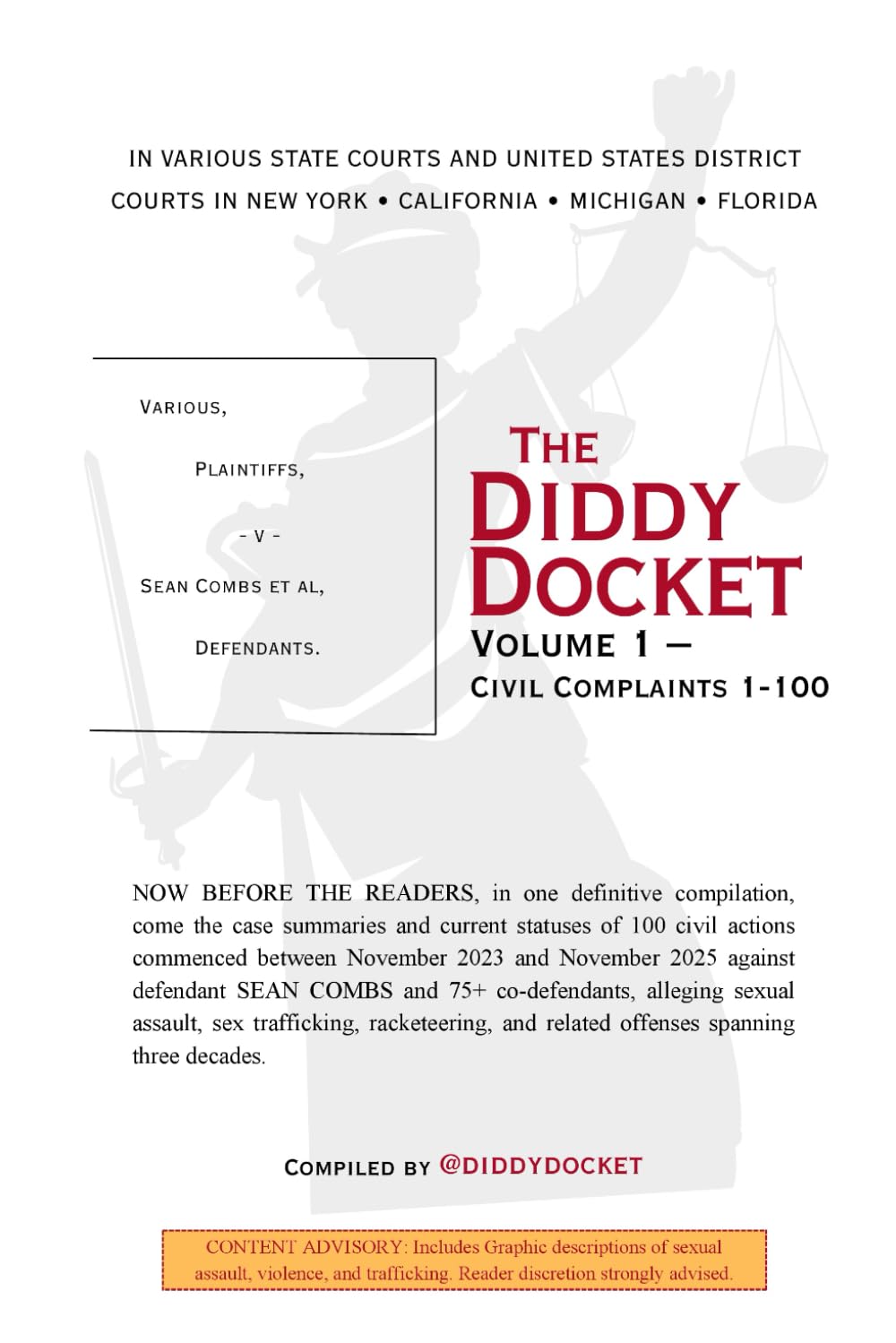 Cover of The Diddy Docket, Volume I — Civil Complaints 1-100, compiled by @diddydocket
